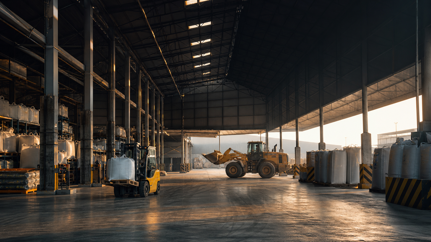 Cena conceitual gerada por IA: armazém industrial com equipamentos e big bags